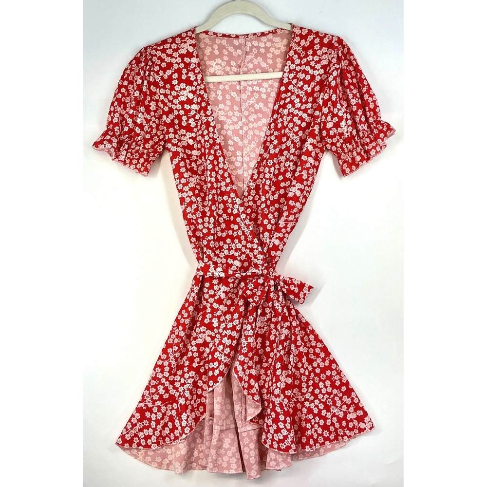 Red White Floral Wrap Dress‎ Sz S Puff Sleeve Ruffle Hem Romantic Cottagecore